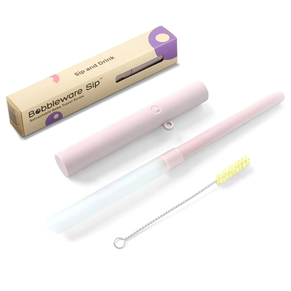 Reusable, sustainable, retractable, travel, compact plastic bubble tea boba straw with carry case and cleaning accessories.