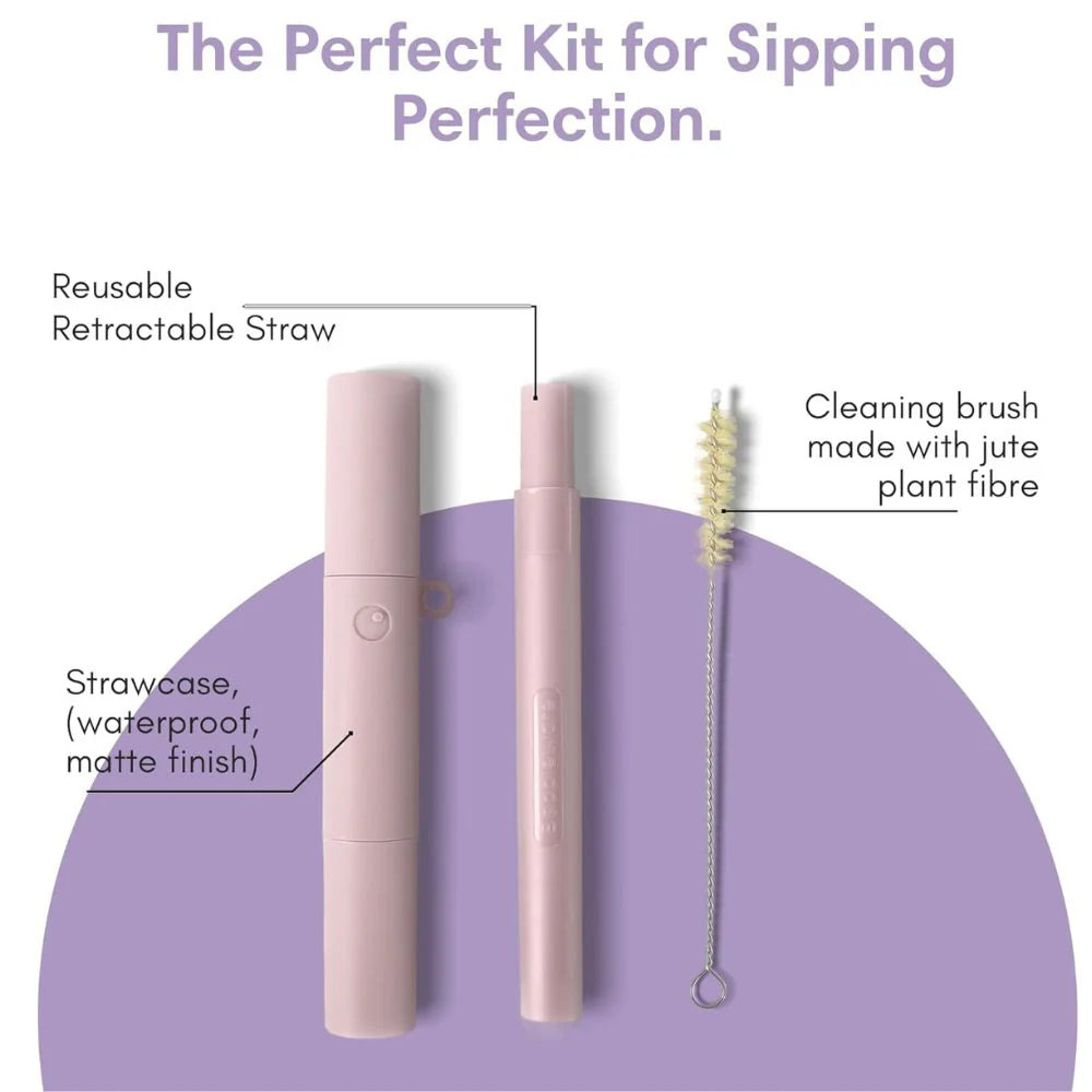 Reusable, sustainable, retractable, travel, compact plastic bubble tea boba straw with carry case and cleaning accessories.