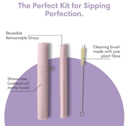 Reusable, sustainable, retractable, travel, compact plastic bubble tea boba straw with carry case and cleaning accessories.