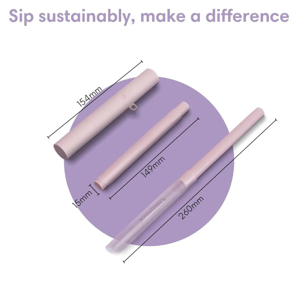 Reusable, sustainable, retractable, travel, compact plastic bubble tea boba straw with carry case and cleaning accessories.