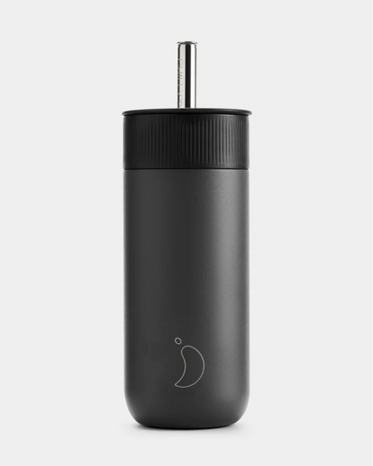A 750 mL black reusable insulated stainless steel bubble tea/ boba cup bottle by the brand Chillys.