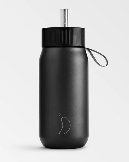 A 750 mL black reusable insulated stainless steel bubble tea/ boba cup bottle by the brand Chillys.