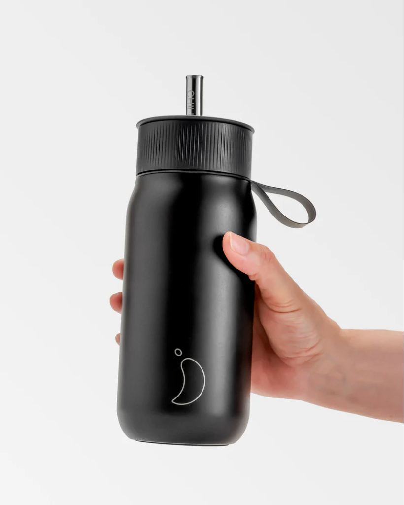 A 750 mL black reusable insulated stainless steel bubble tea/ boba cup bottle by the brand Chillys.