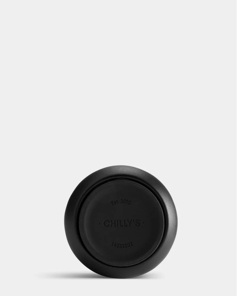 A 750 mL black reusable insulated stainless steel bubble tea/ boba cup bottle by the brand Chillys.