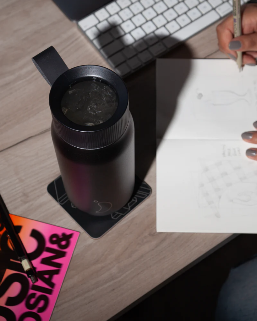 A 750 mL black reusable insulated stainless steel bubble tea/ boba cup bottle by the brand Chillys.