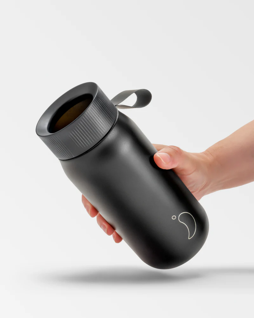 A 750 mL black reusable insulated stainless steel bubble tea/ boba cup bottle by the brand Chillys.