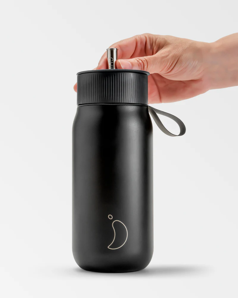 A 750 mL black reusable insulated stainless steel bubble tea/ boba cup bottle by the brand Chillys.
