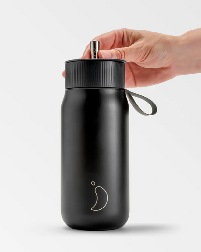 A 750 mL black reusable insulated stainless steel bubble tea/ boba cup bottle by the brand Chillys.