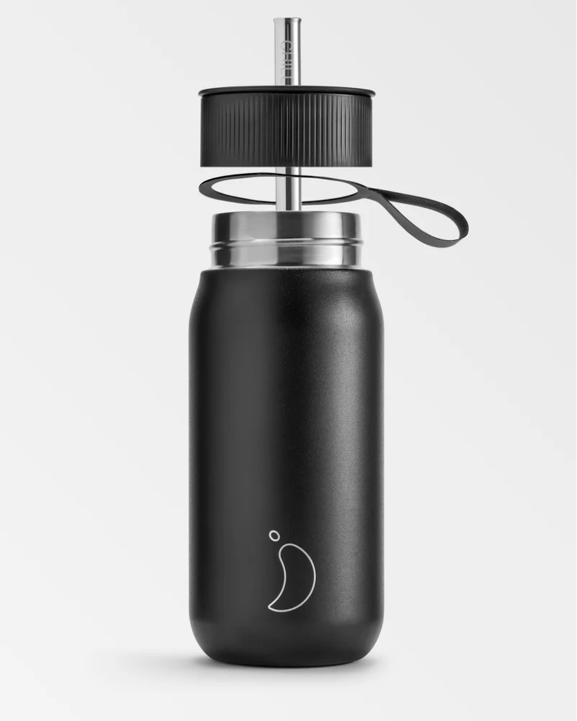 A 750 mL black reusable insulated stainless steel bubble tea/ boba cup bottle by the brand Chillys.