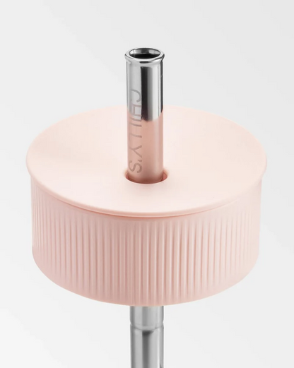 A 750 mL pink reusable insulated stainless steel bubble tea/ boba cup bottle by the brand Chillys.